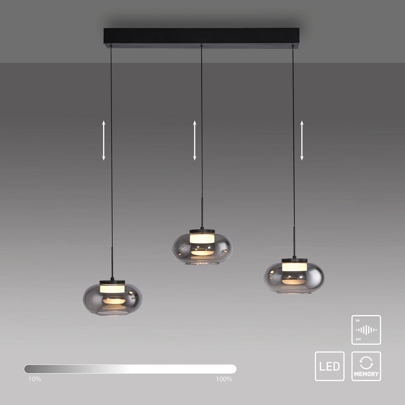 LED pendellampe Sia 3-lys røykgrå glass dimbar 75 cm - Schöner Wohnen