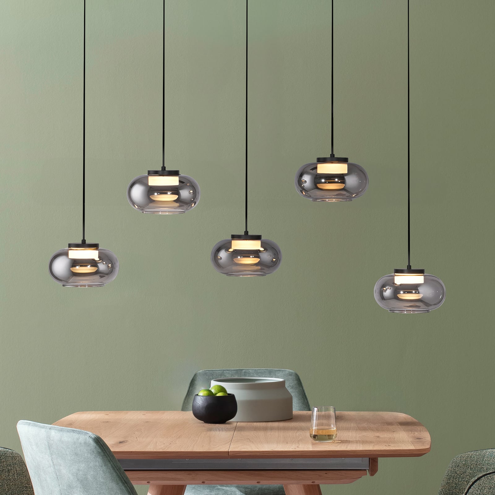LED pendellampe Sia 5-lys røykgrå glass forfra