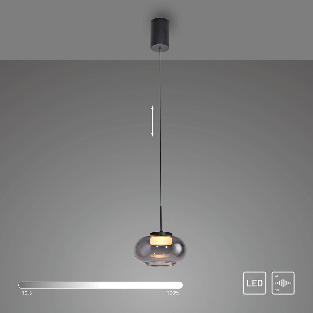 LED pendellampe Sia røykgrå glass Ø20 cm dimbar opphengsdetalj