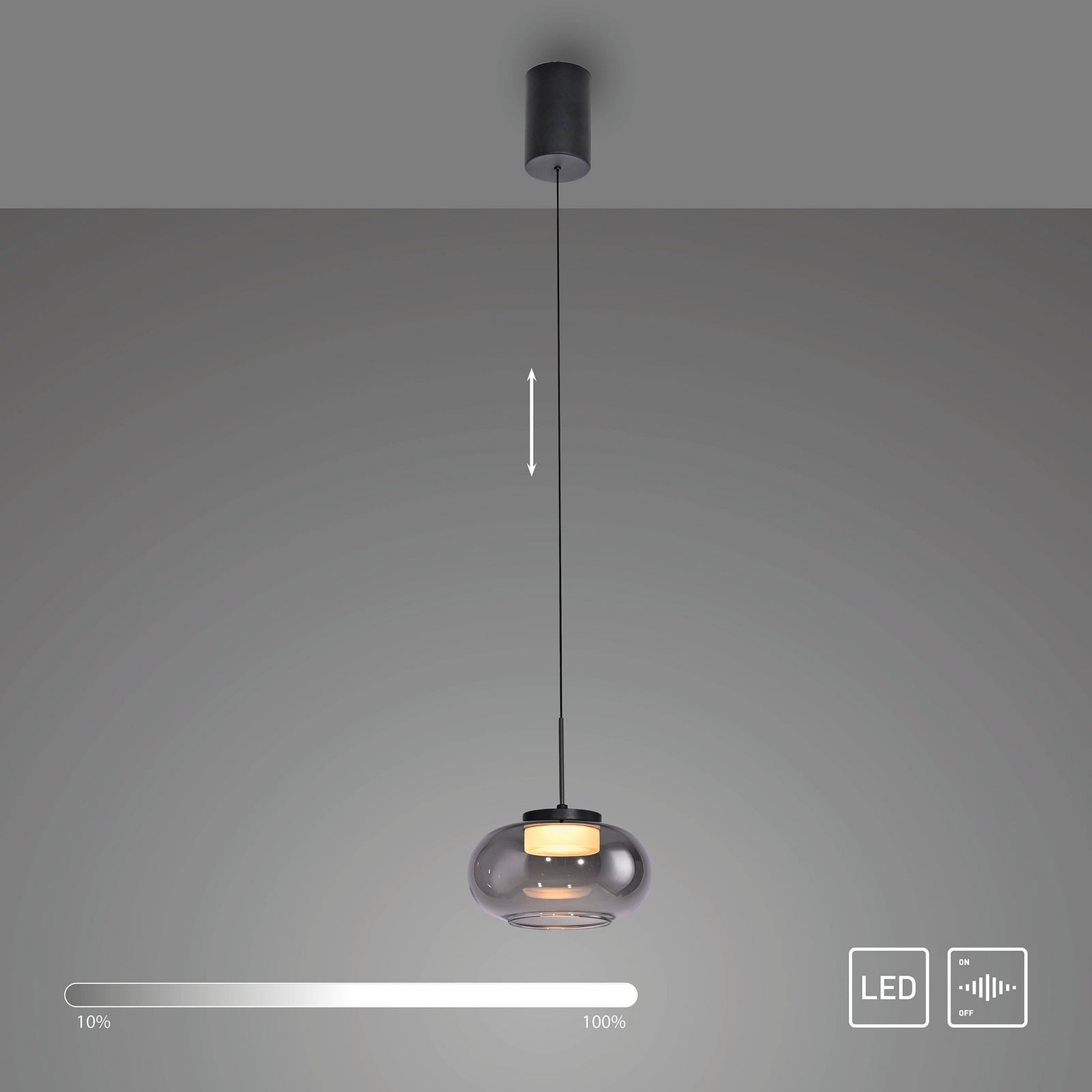 LED pendellampe Sia røykgrå glass Ø20 cm dimbar opphengsdetalj