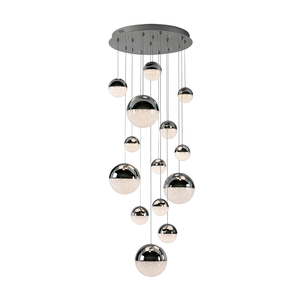 LED pendellampe Sphere 14-lys dimbar krom Ø60 cm detalj av lys