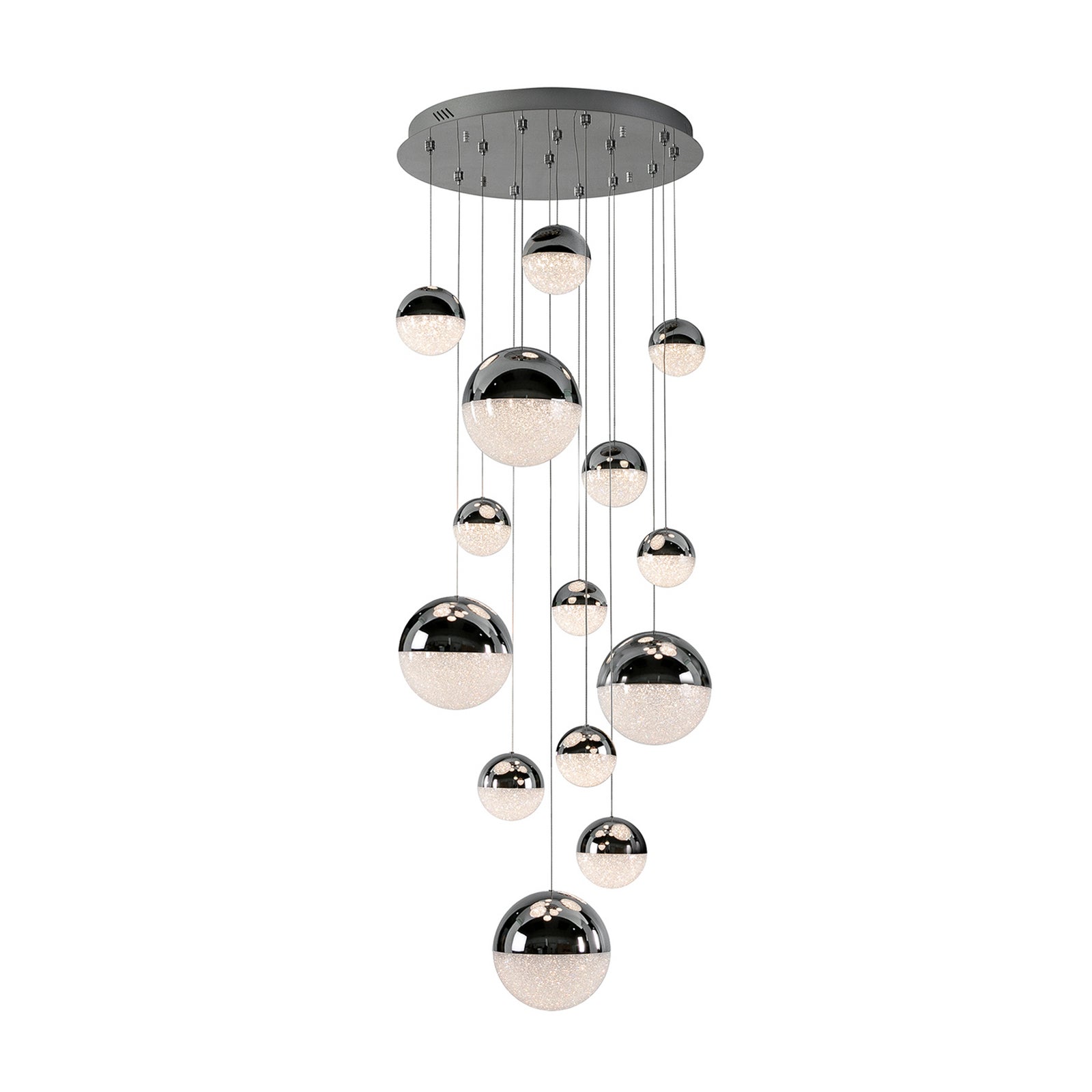 LED pendellampe Sphere 14-lys dimbar krom Ø60 cm detalj av lys