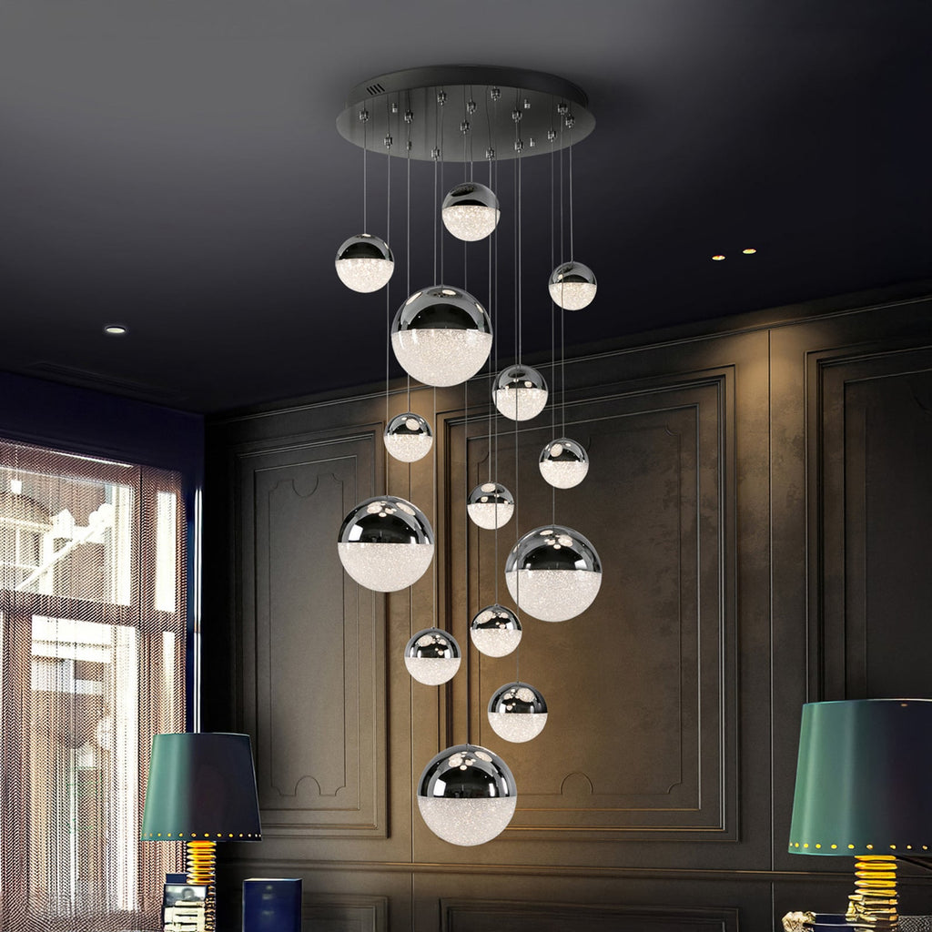 LED pendellampe Sphere 14-lys dimbar krom Ø60 cm forfra