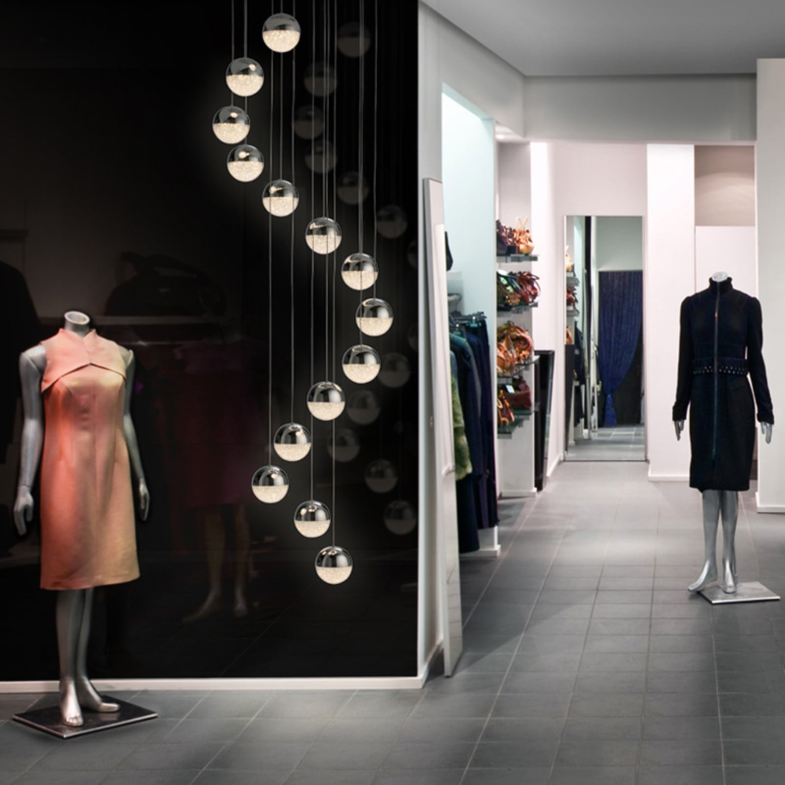 LED pendellampe Sphere 14-lys krom dimbar Bluetooth bakside