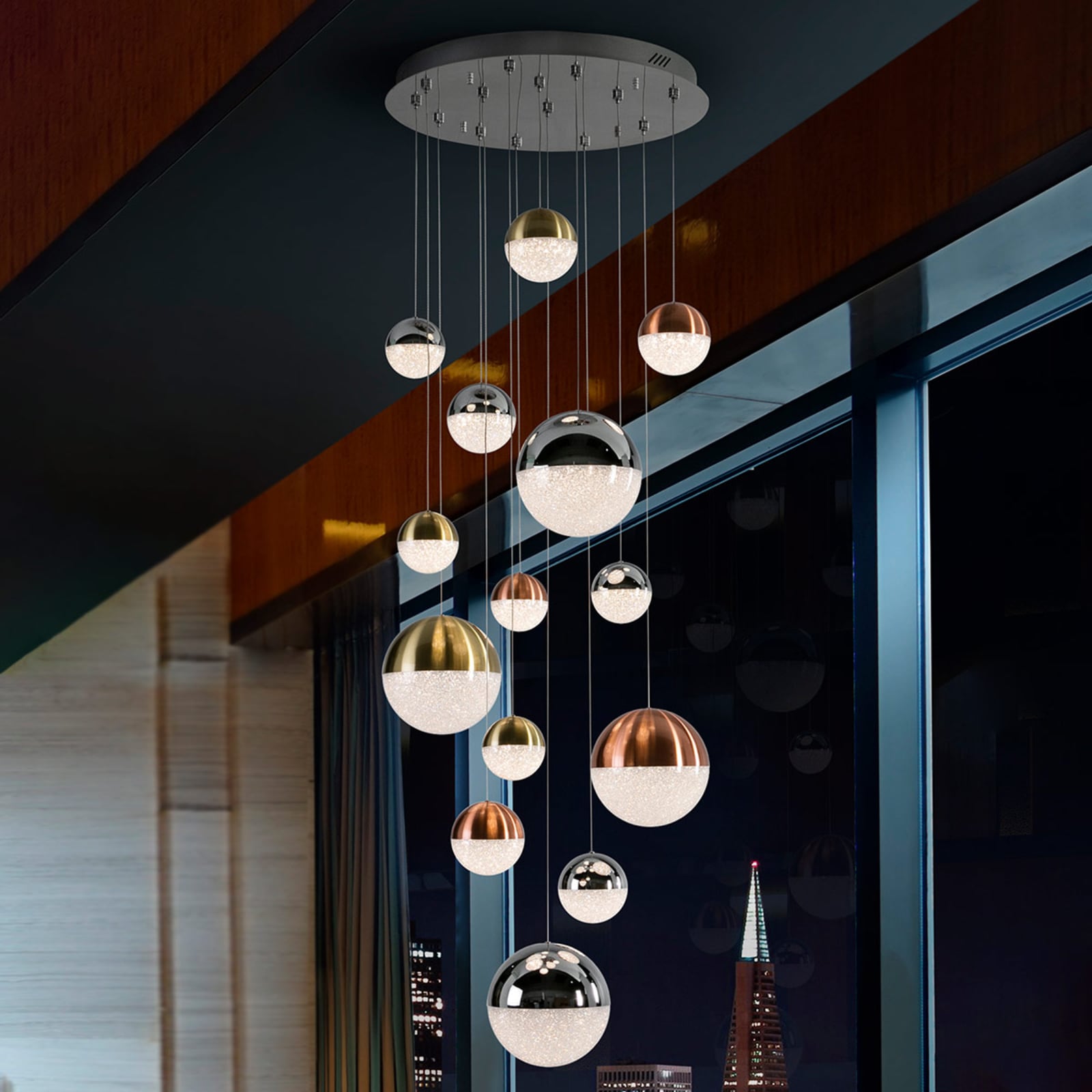 LED pendellampe Sphere 14-lys kuleformet Ø60 cm dimbar forfra