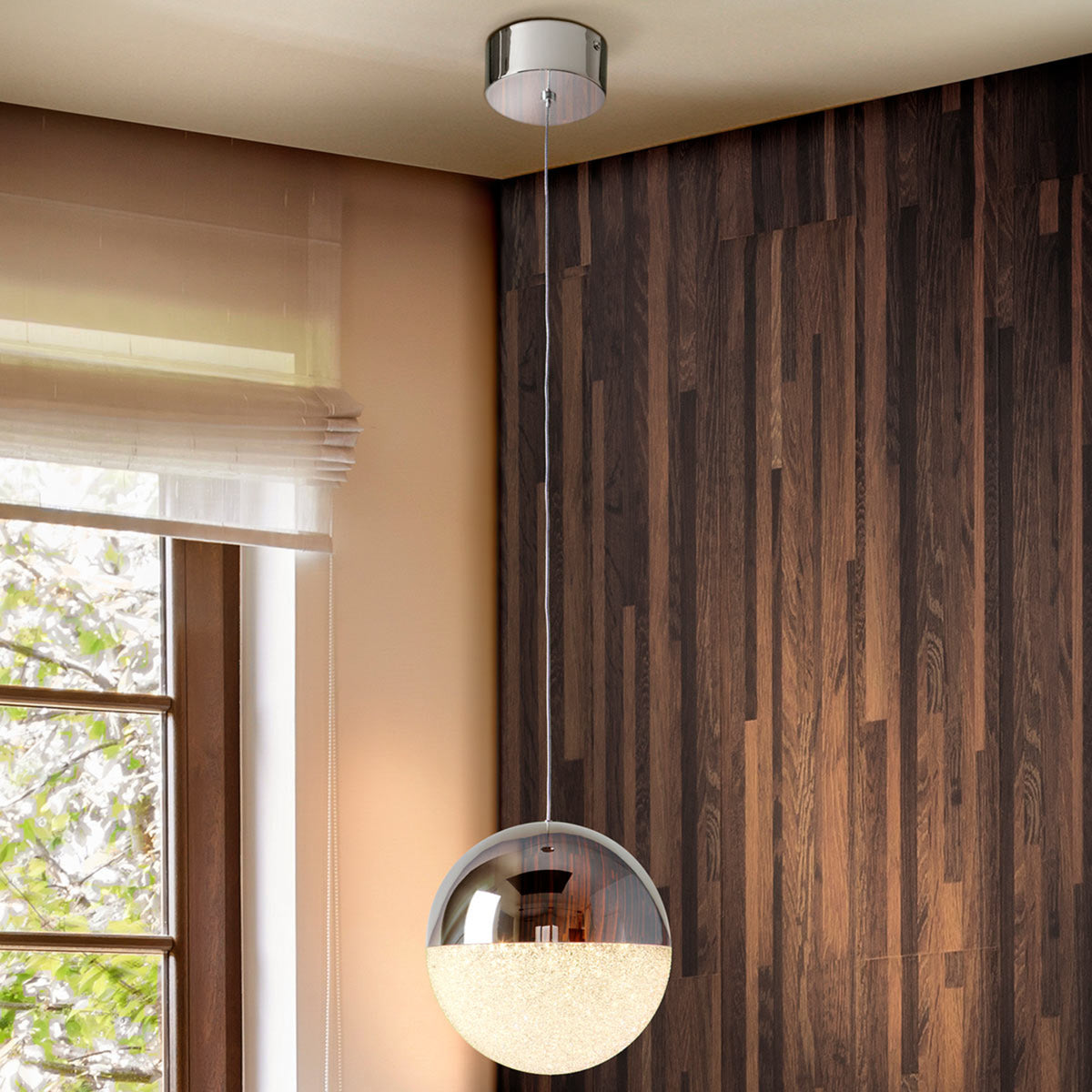 LED pendellampe Sphere krom/hvit detalj av teksturert polykarbonat