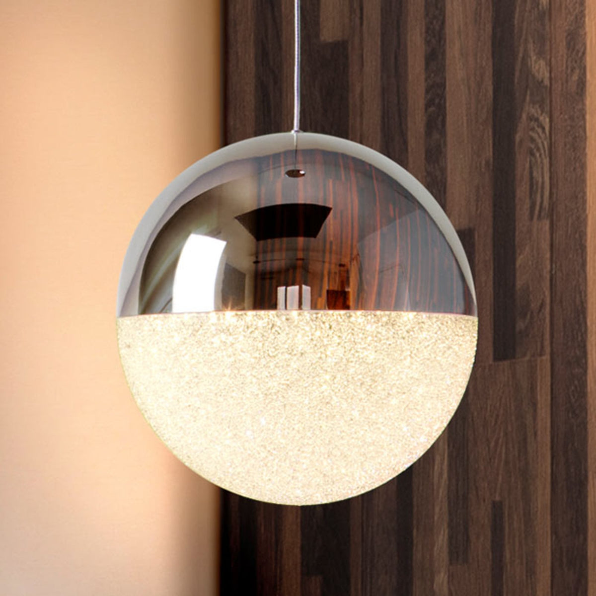 LED pendellampe Sphere kuleformet krom/hvit Ø20 cm forfra