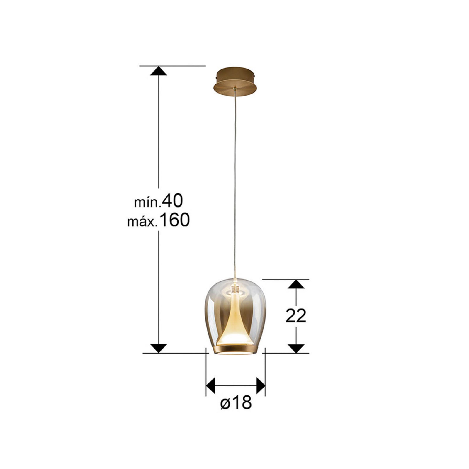 LED pendellampe Suspiro glass gull/amber Ø18 cm montert i rom