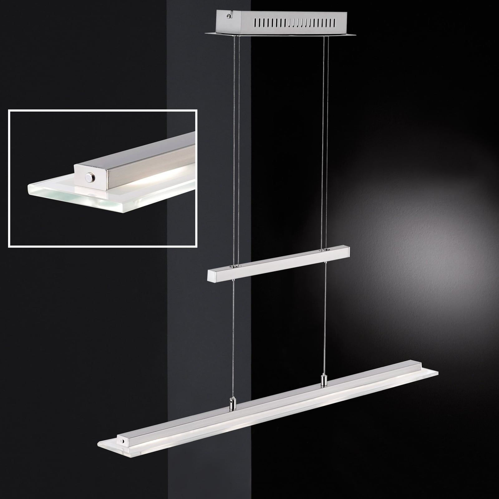 Nærbilde av metall og glass på LED pendellampe Tenso matt nikkel dimbar CCT 64 cm