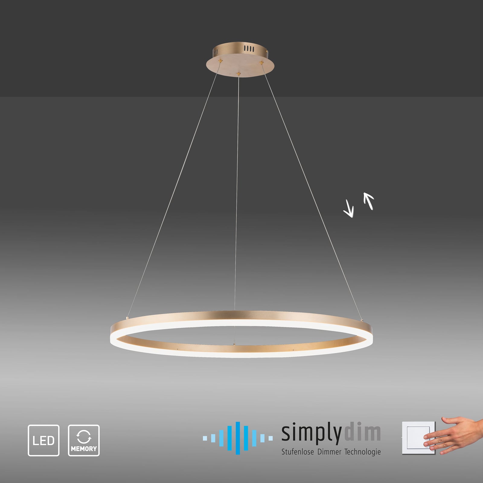 LED pendellampe Titus messing dimbar Ø80 cm 60W lys i varm hvit farge