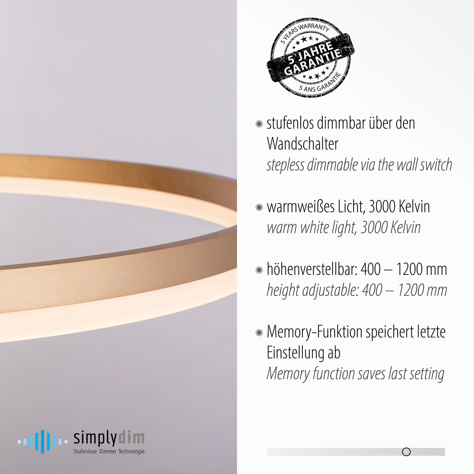 LED pendellampe Titus messing dimbar Ø80 cm 60W sideprofil