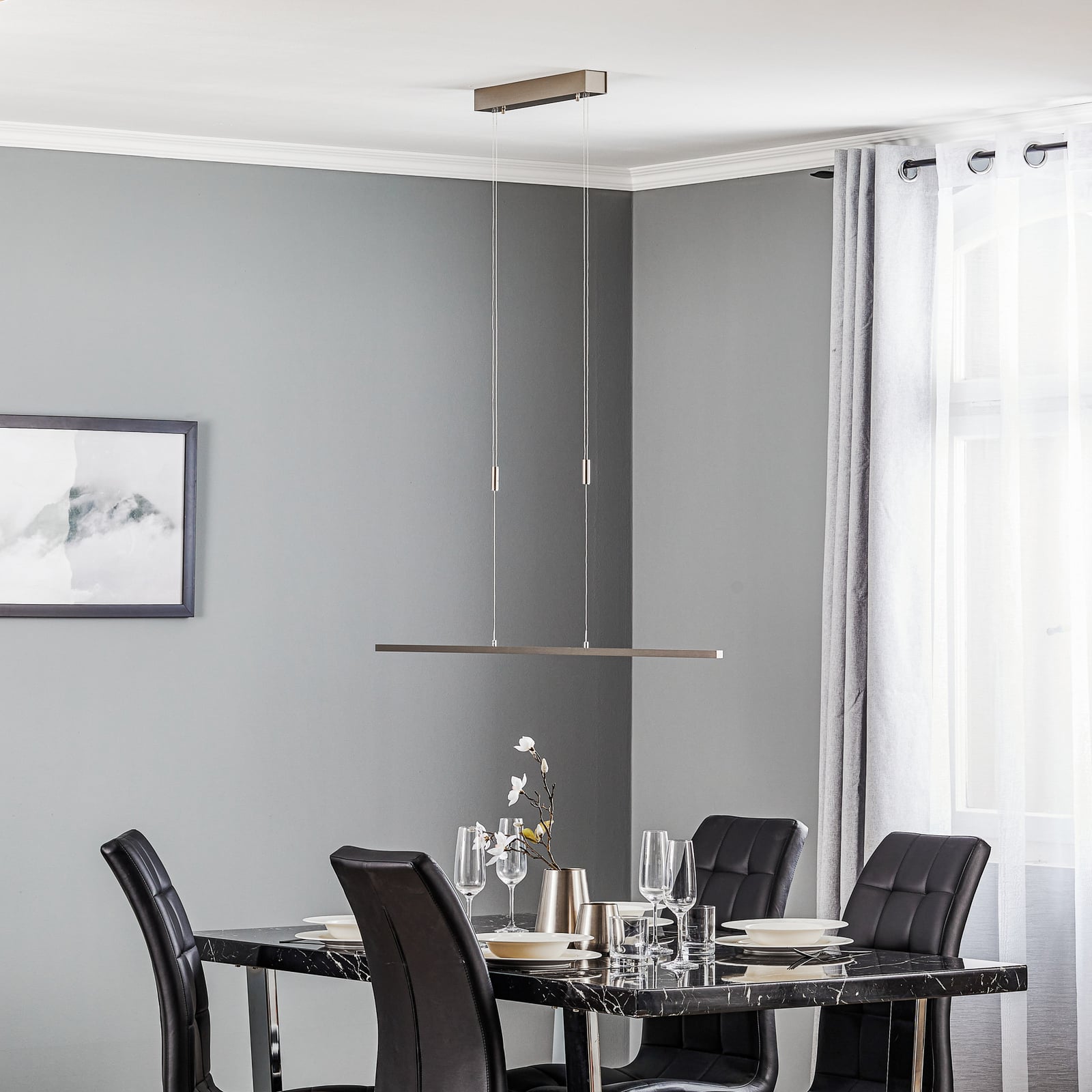 LED pendellampe Tolu matt nikkel 118 cm detalj av LED-lys