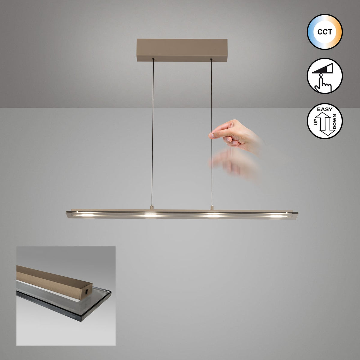 LED pendellampe Torvi greige/røykgrå 88 cm metall og glass detalj