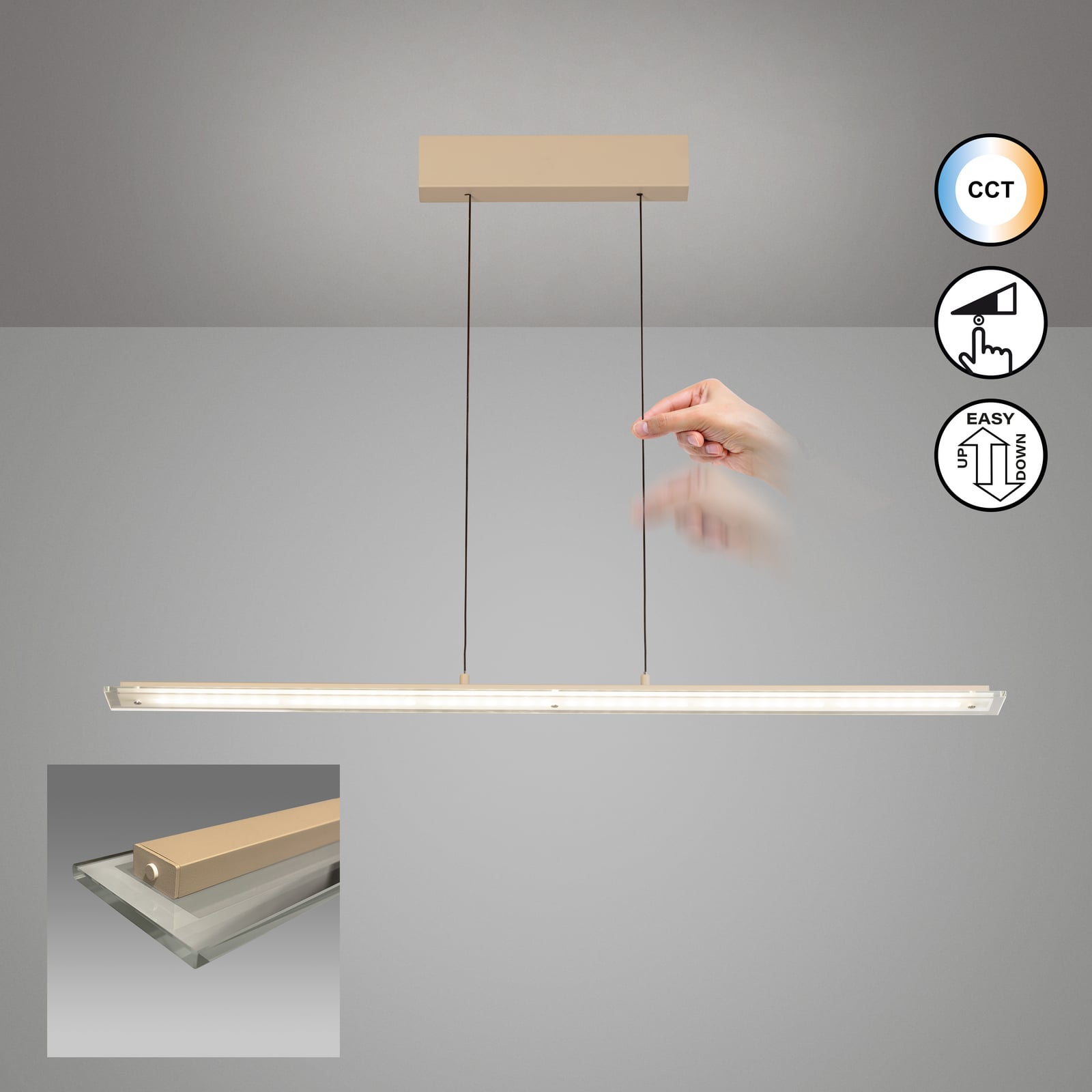 LED pendellampe Torvi sand/hvit 115 cm detalj av dimmer og materiale