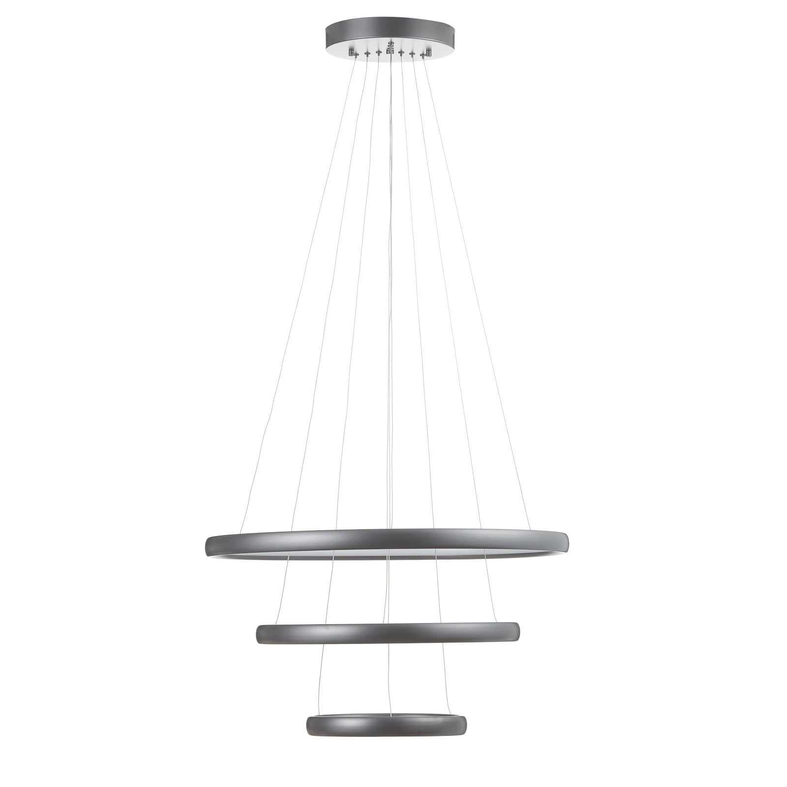 LED pendellampe Trinity 3 ringer aluminium sølv Ø70 cm detalj av ringene