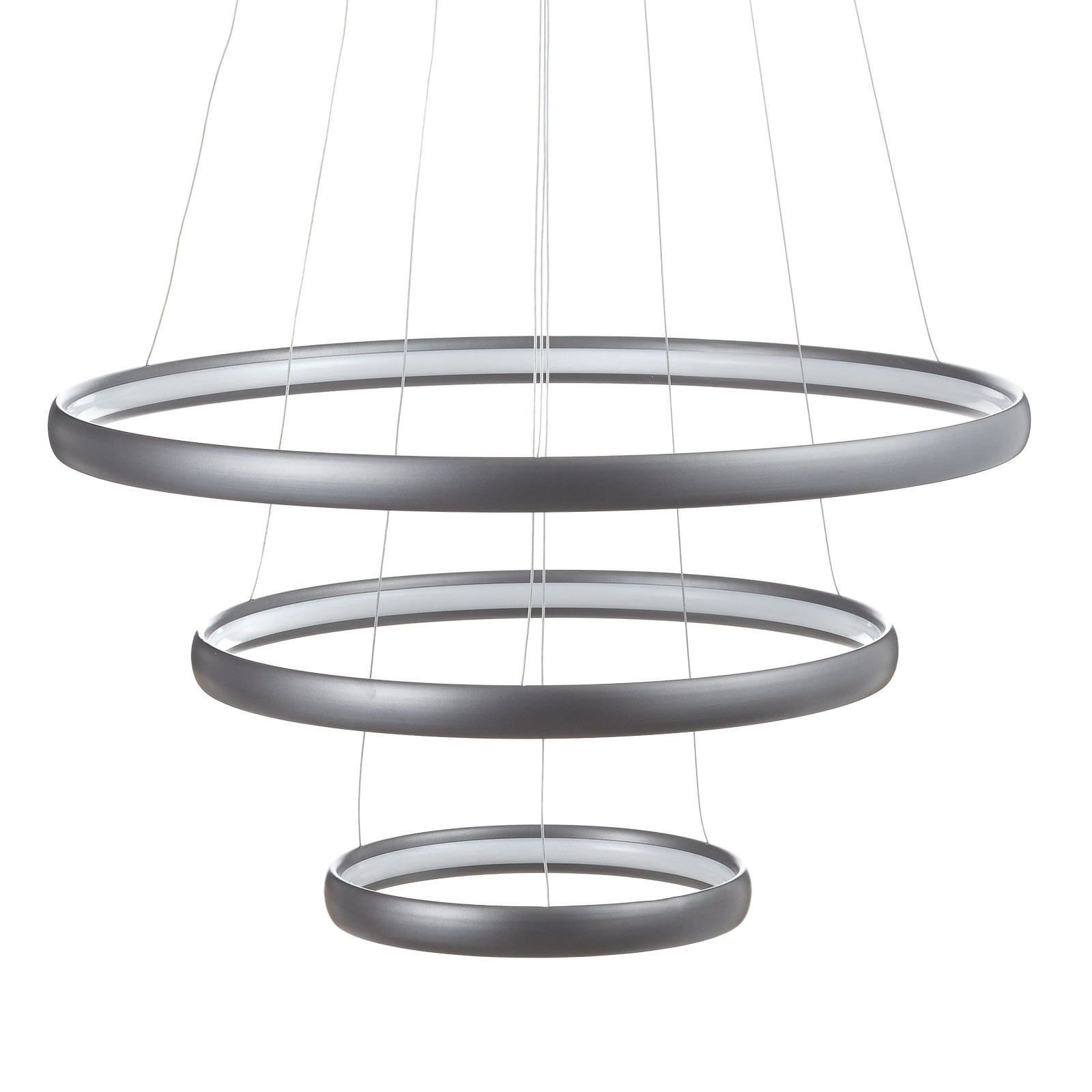LED pendellampe Trinity 3 ringer aluminium sølv Ø70 cm montert i rom