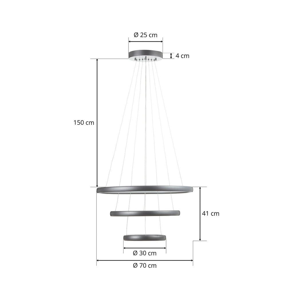 LED pendellampe Trinity 3 ringer aluminium sølv Ø70 cm helhetsbilde