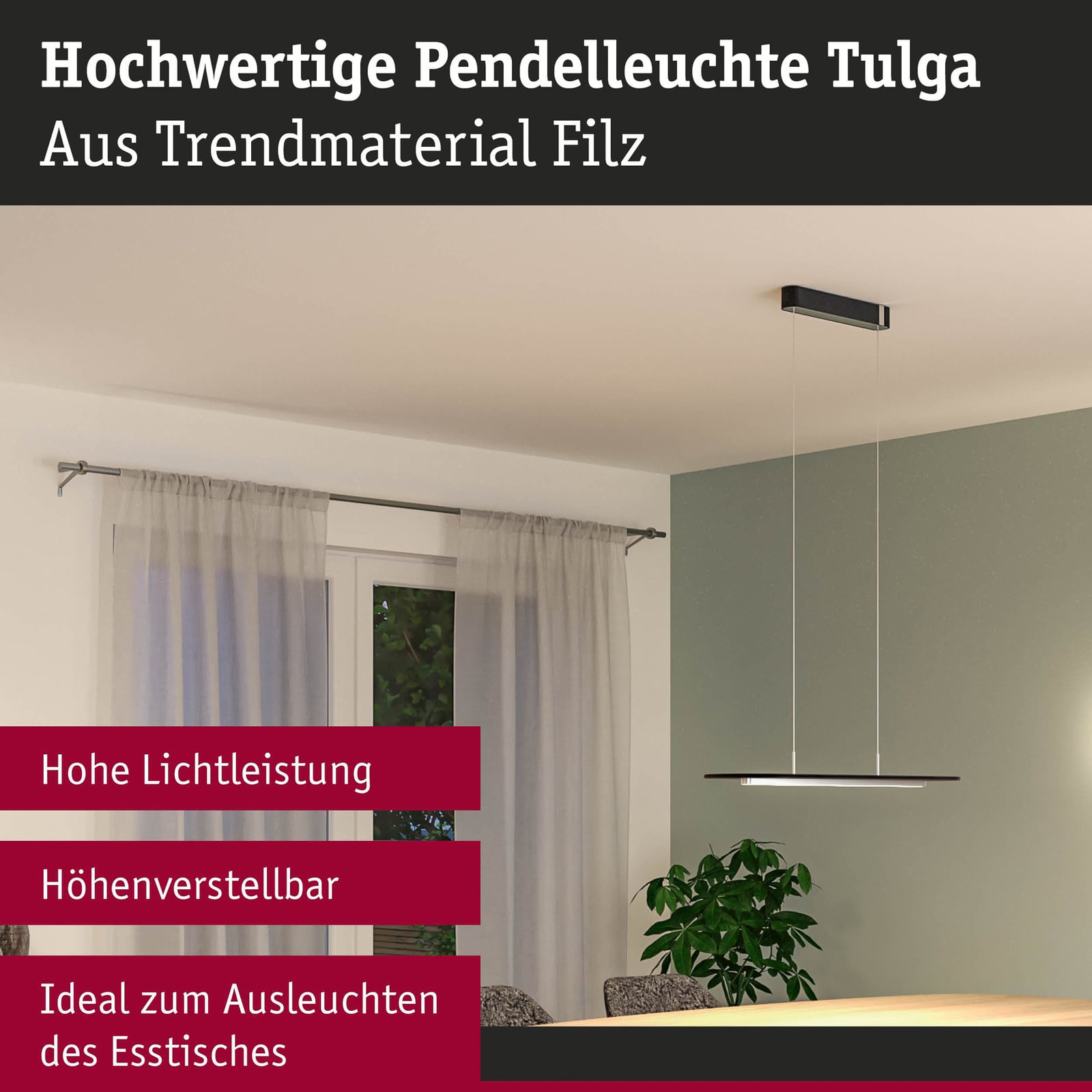 LED pendellampe Tulga filt antrasitt dimbar 90 cm med dimmer