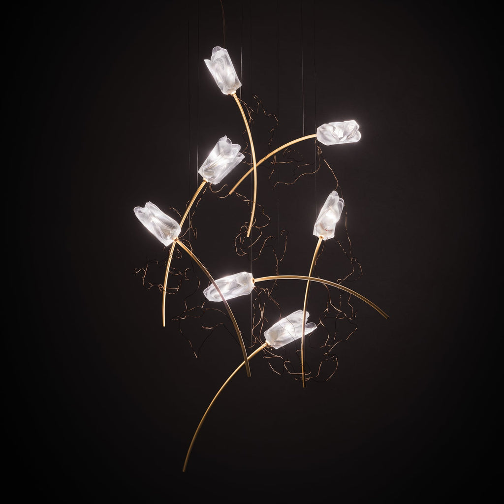 LED pendellampe Tulip 7-lys Lentiflex messing Ø100 cm dimbar forfra