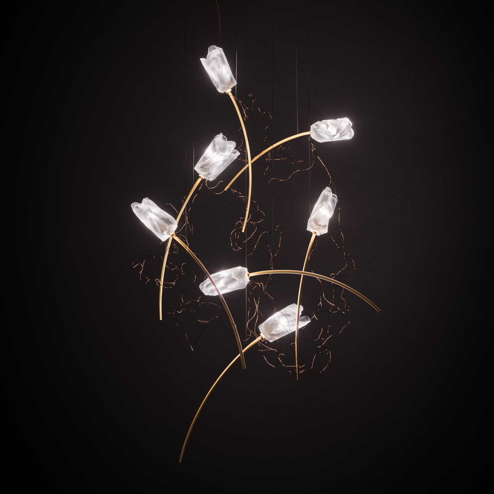 LED pendellampe Tulip 7-lys Lentiflex messing Ø100 cm dimbar forfra