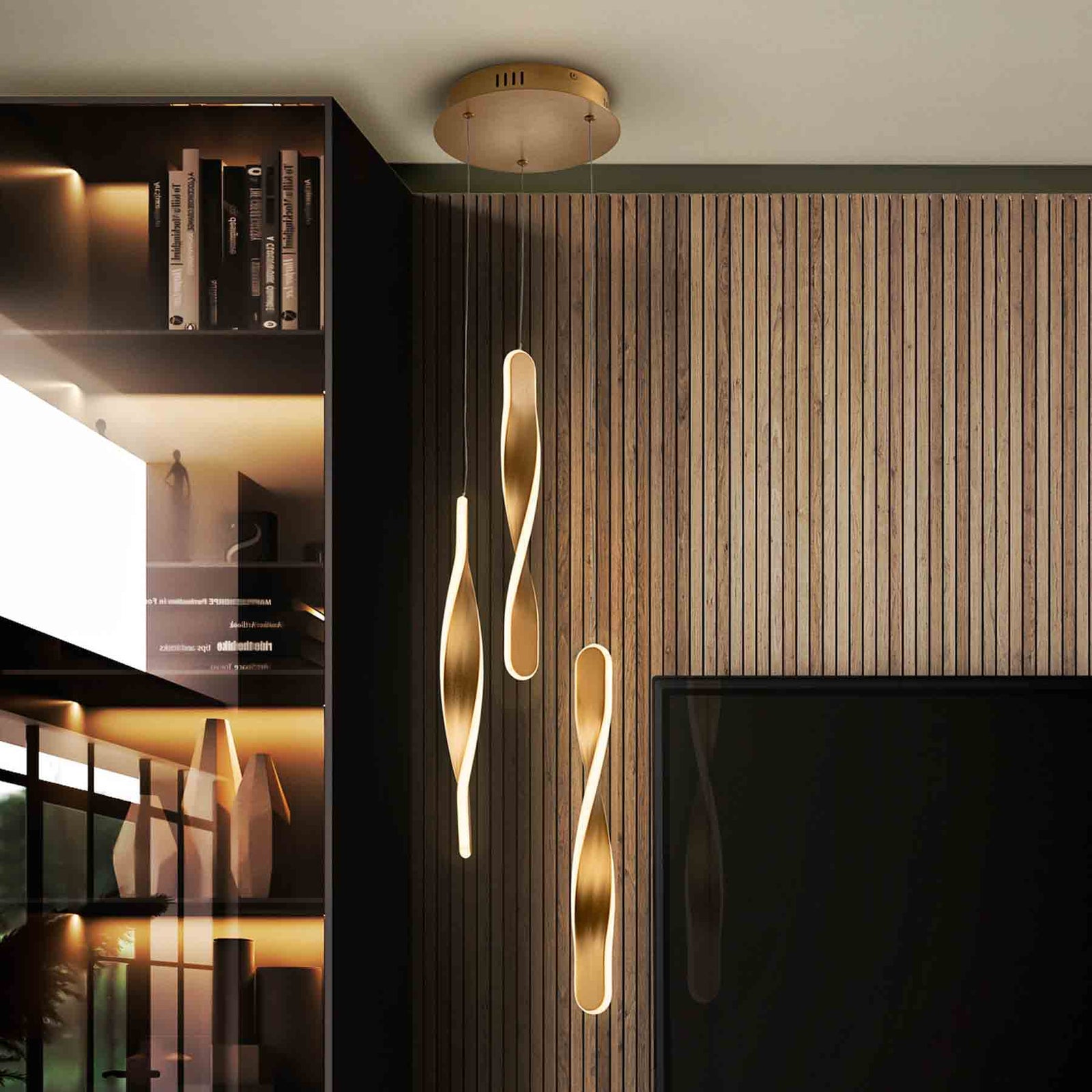 LED pendellampe Twist 3-lys aluminium gullfarget forfra