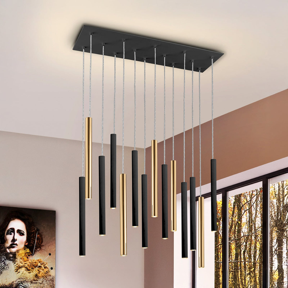 LED pendellampe Varas 14-lys dimbar svart/gull fra fronten