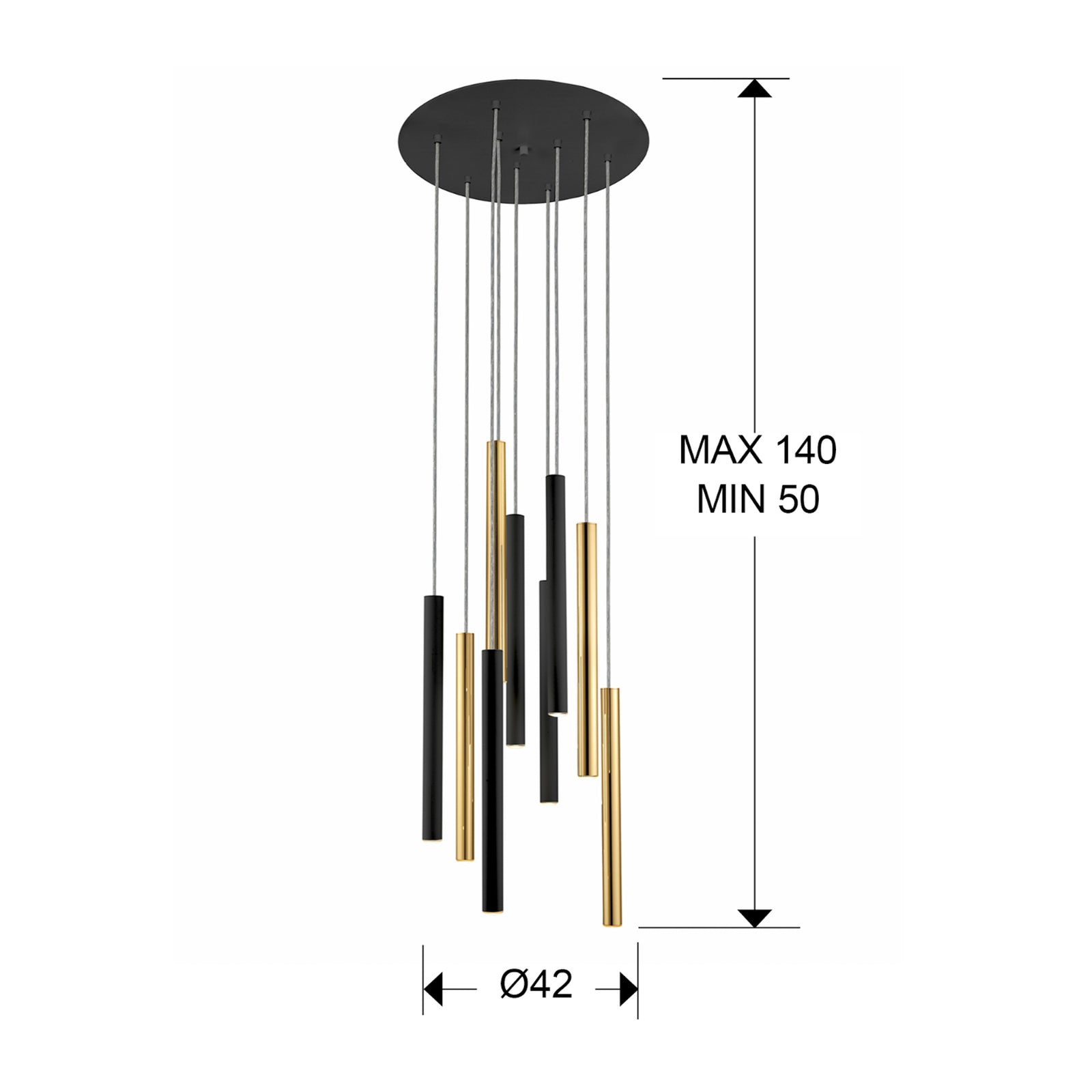 Detalj av LED pendellampe Varas 9-lys dimbar gull/svart Ø42 cm