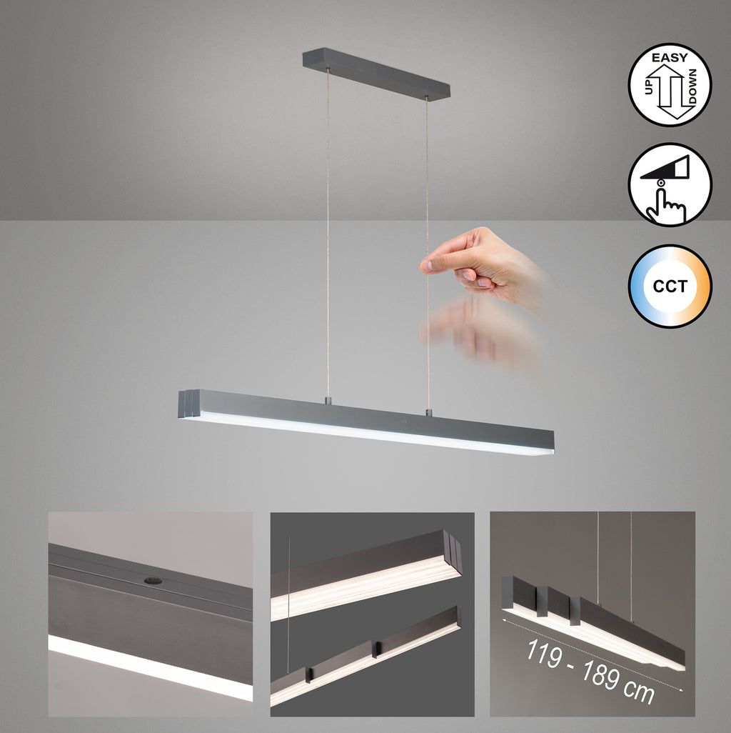 LED pendellampe Vayana grå 189 cm dimbar CCT berøringsdimmer nærbilde av metallmateriale