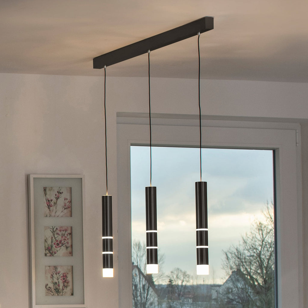 LED pendellampe Vega 3-lys sylinder svart aluminium 120 cm forfra