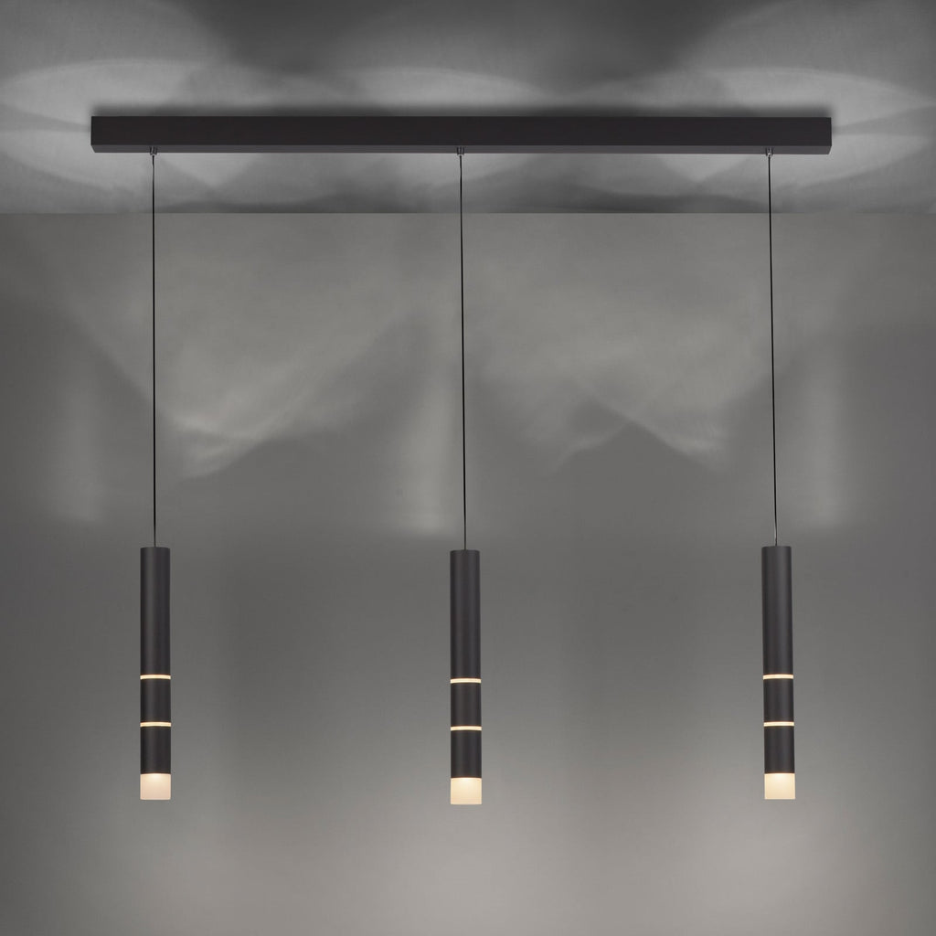 LED pendellampe Vega 3-lys sylinder svart aluminium 120 cm detalj av akrylringer