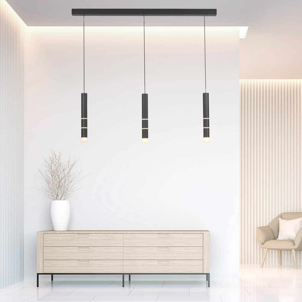 LED pendellampe Vega 3-lys sylinder svart aluminium 120 cm vinklet oversikt