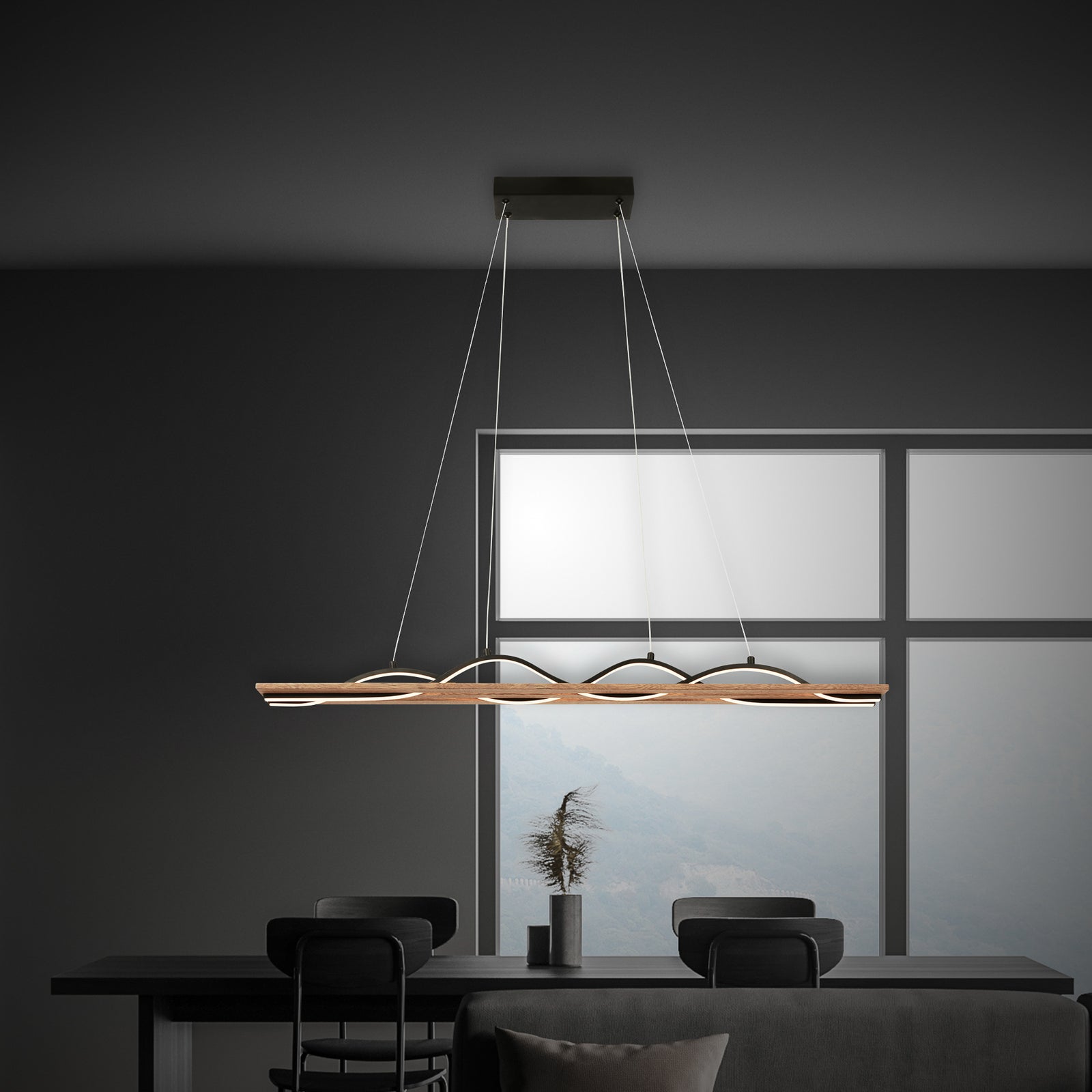 LED pendellampe Vinka 2-lys tre/svart detalj tre og svart metall