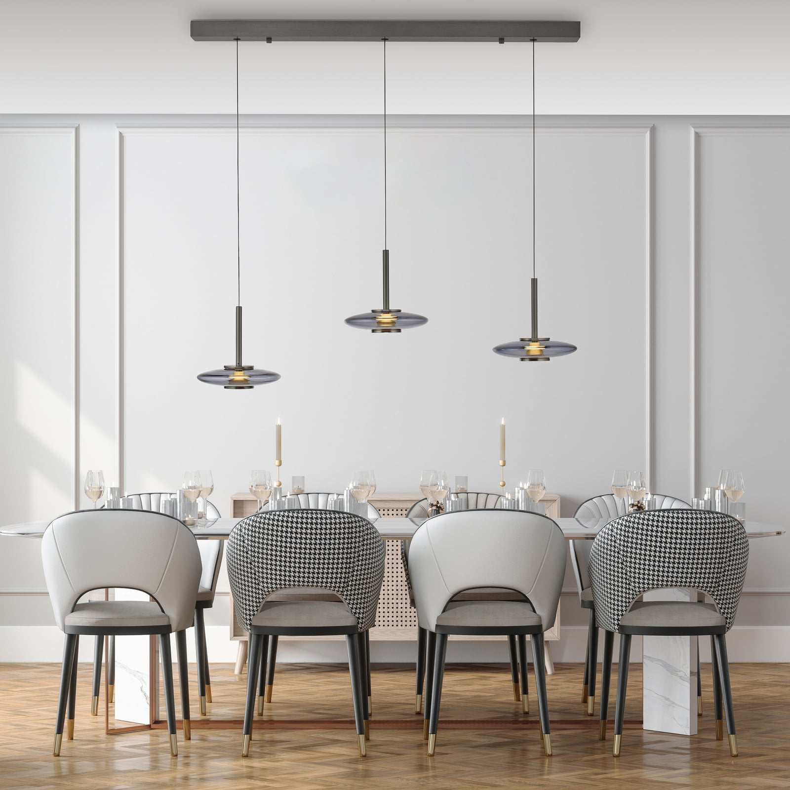 LED pendellampe Vitrum 3-lys glass aluminium bakside