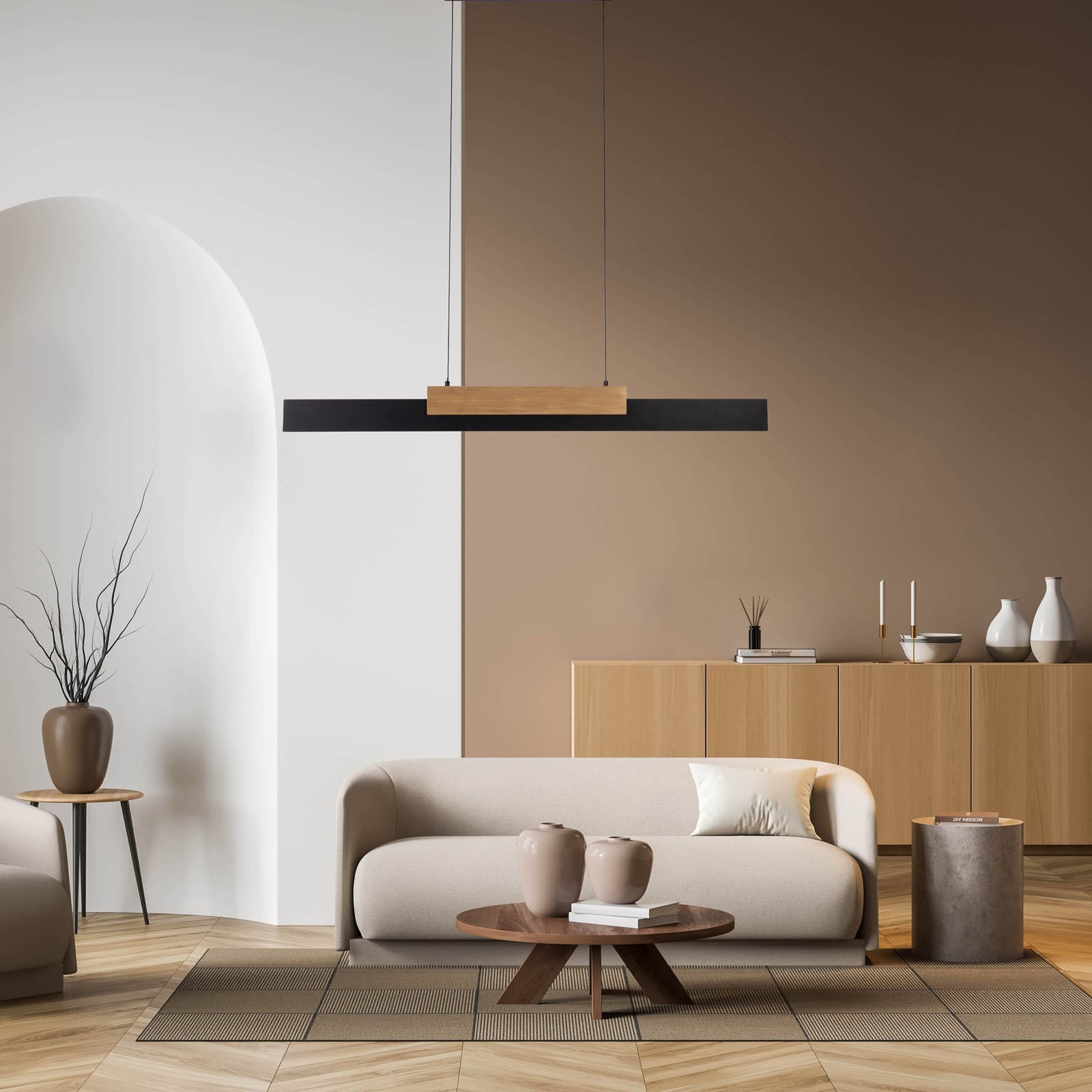 LED pendellampe Wiebke svart med tredetalj bakside