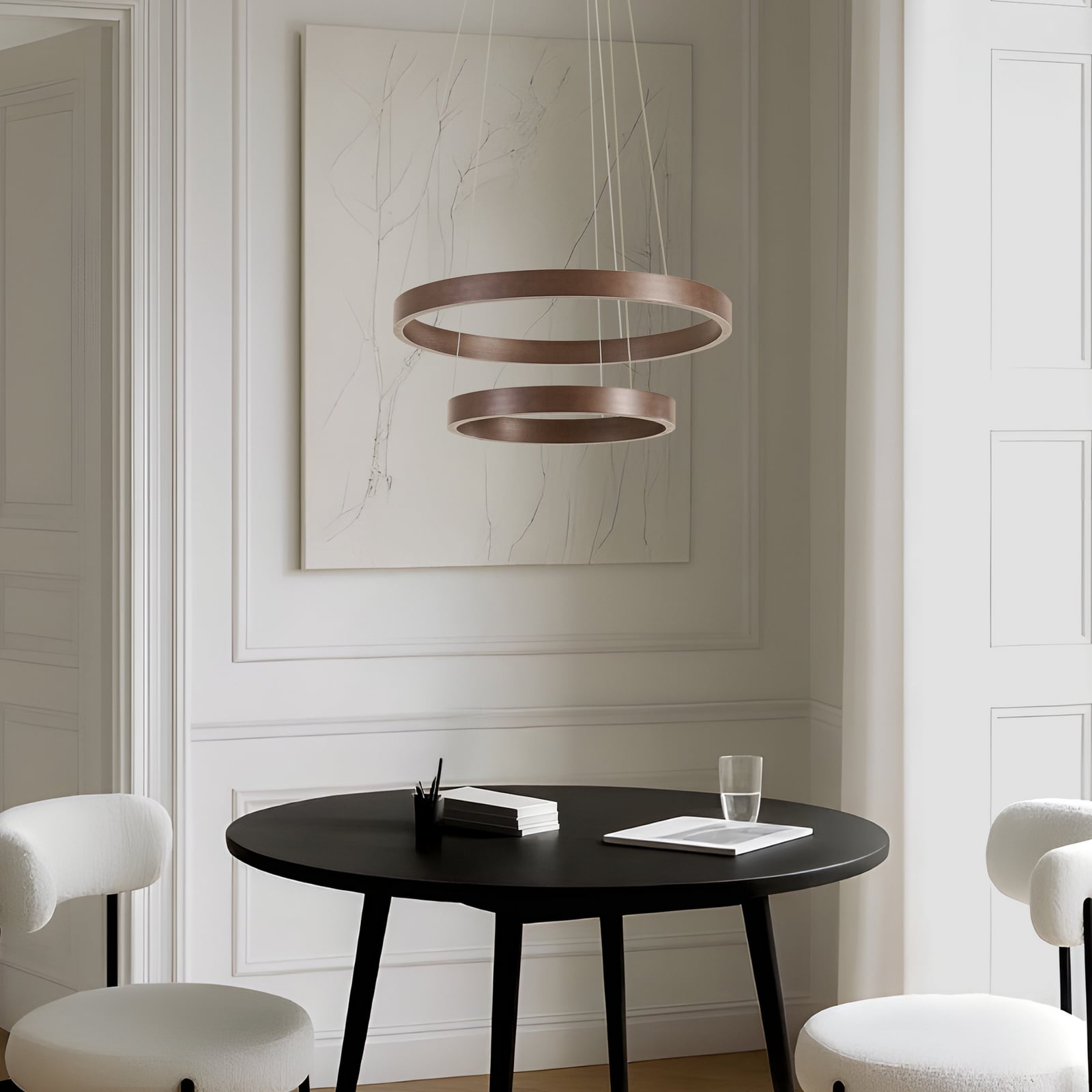 LED pendellampe Yonam 2-lys dimbar CCT Ø60 cm brun montert i stue