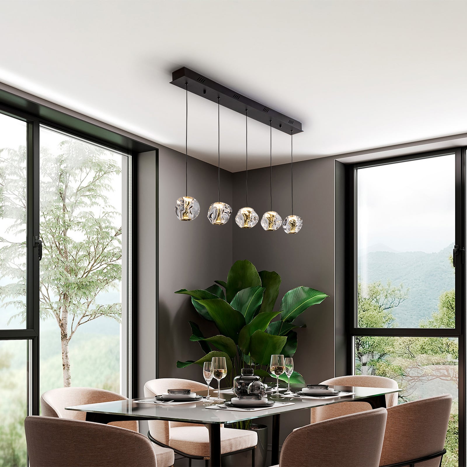 LED pendellampe Zaria 5-lys svart klar akryl dimbar 96 cm bakside