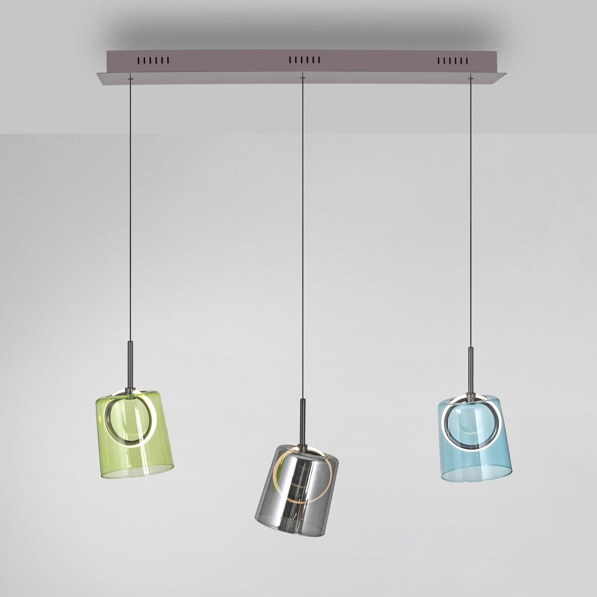 LED pendellampe Zula 3-lys farget glass 87 cm dimbar forfra