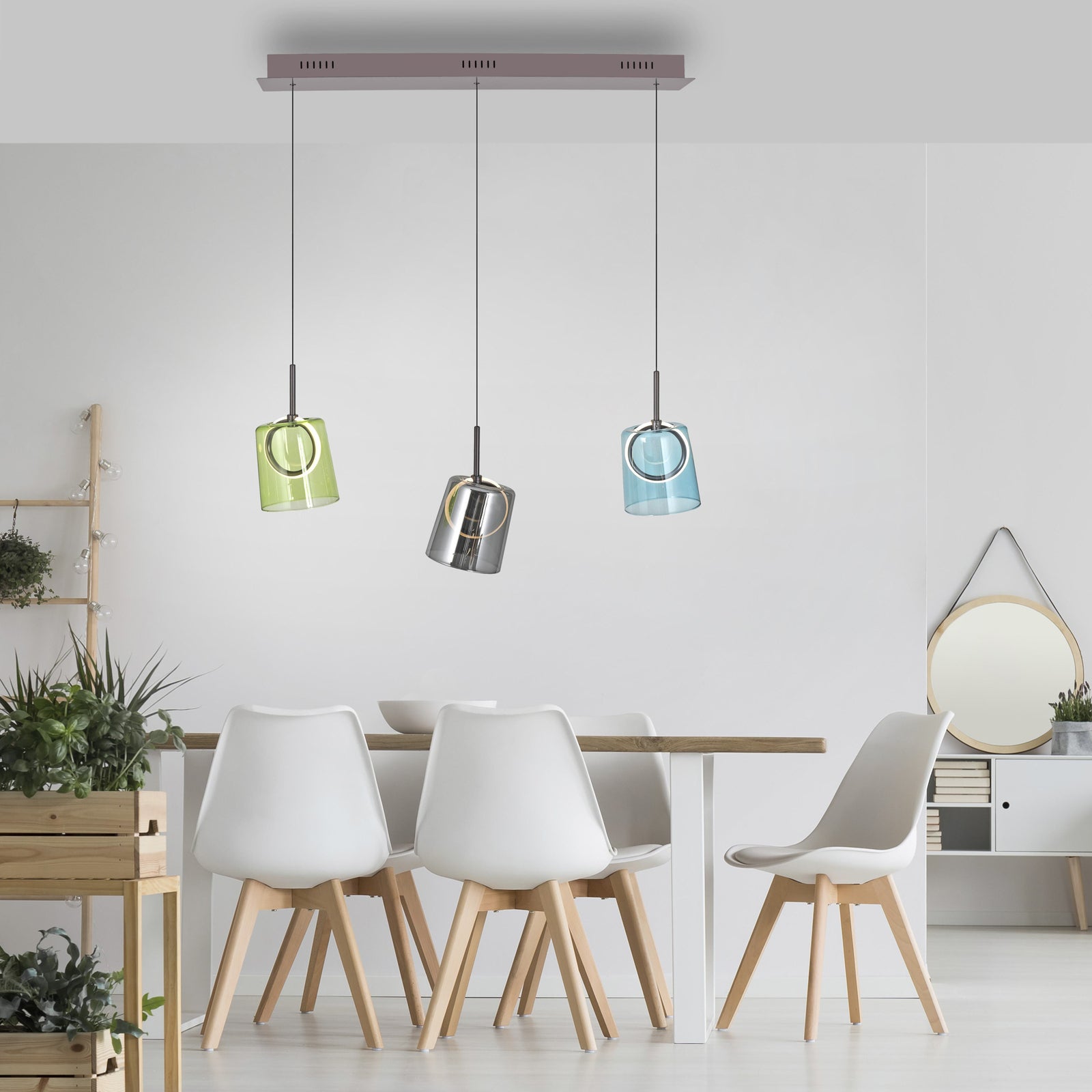 LED pendellampe Zula 3-lys farget glass 87 cm dimbar bakside