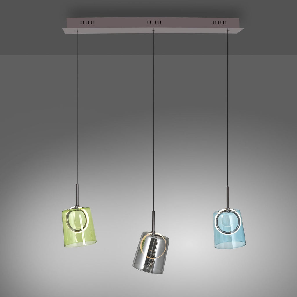 LED pendellampe Zula 3-lys farget glass 87 cm dimbar montert