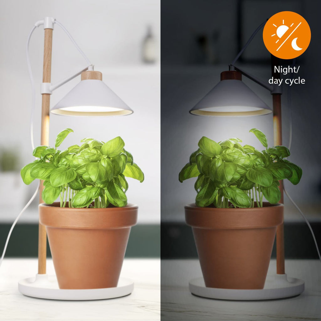 LED plantelampe ISL-60028 hvit og tre detalj av skjerm