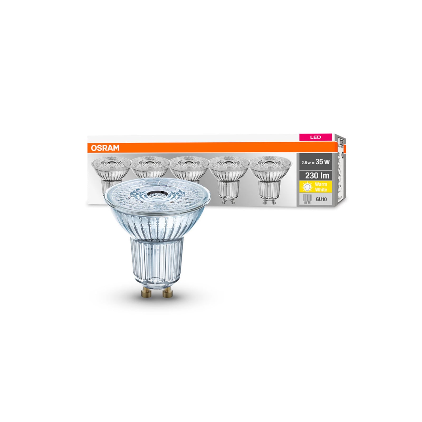 LED-reflektor GU10 2,6W 2700K 36° 230lm 5-pakning - OSRAM forfra