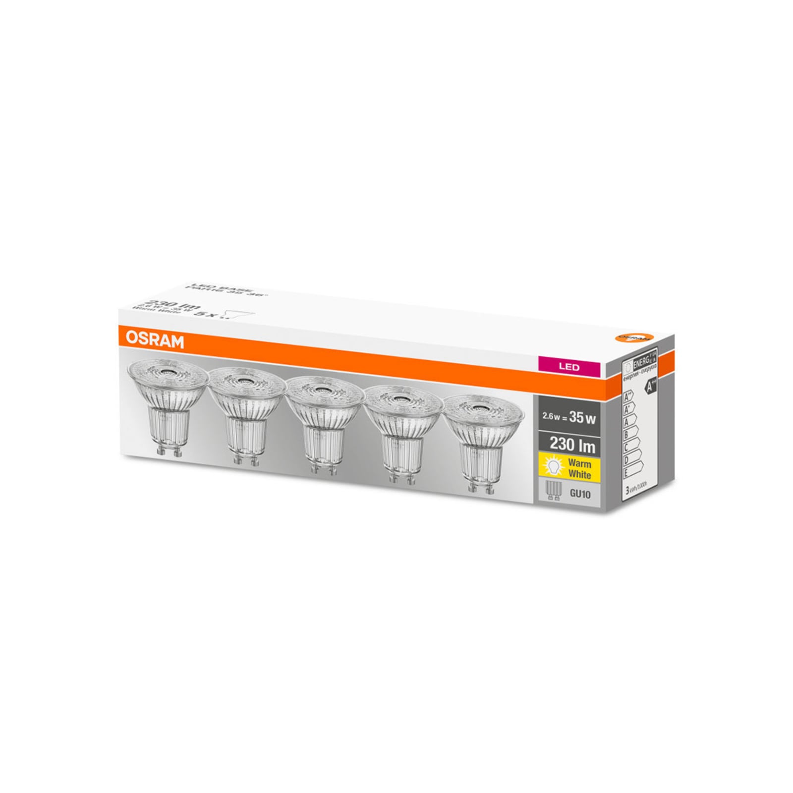 Montert LED-reflektor GU10 2,6W 2700K 36° 230lm 5-pakning - OSRAM i tak