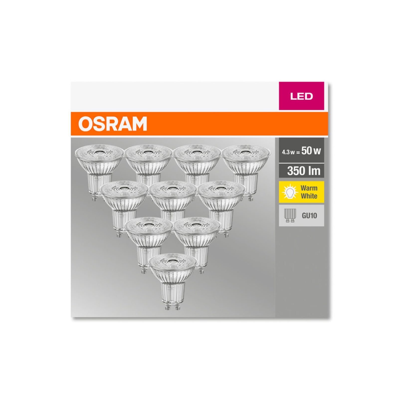 LED-reflektor GU10 4,3W 2700K varmhvit 10-pakning - OSRAM montert