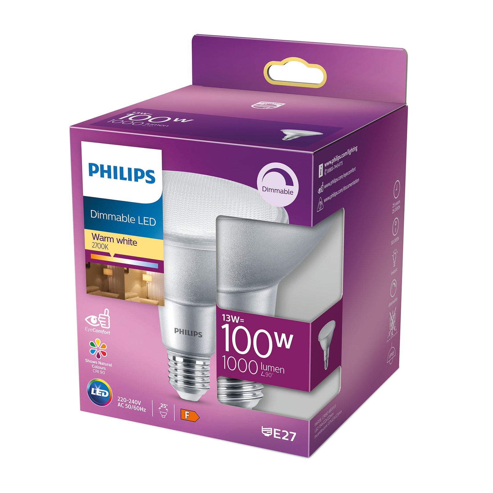 LED reflektorpære E27 PAR38 13W 2700K dimbar 1000lm - Philips montert i lampe