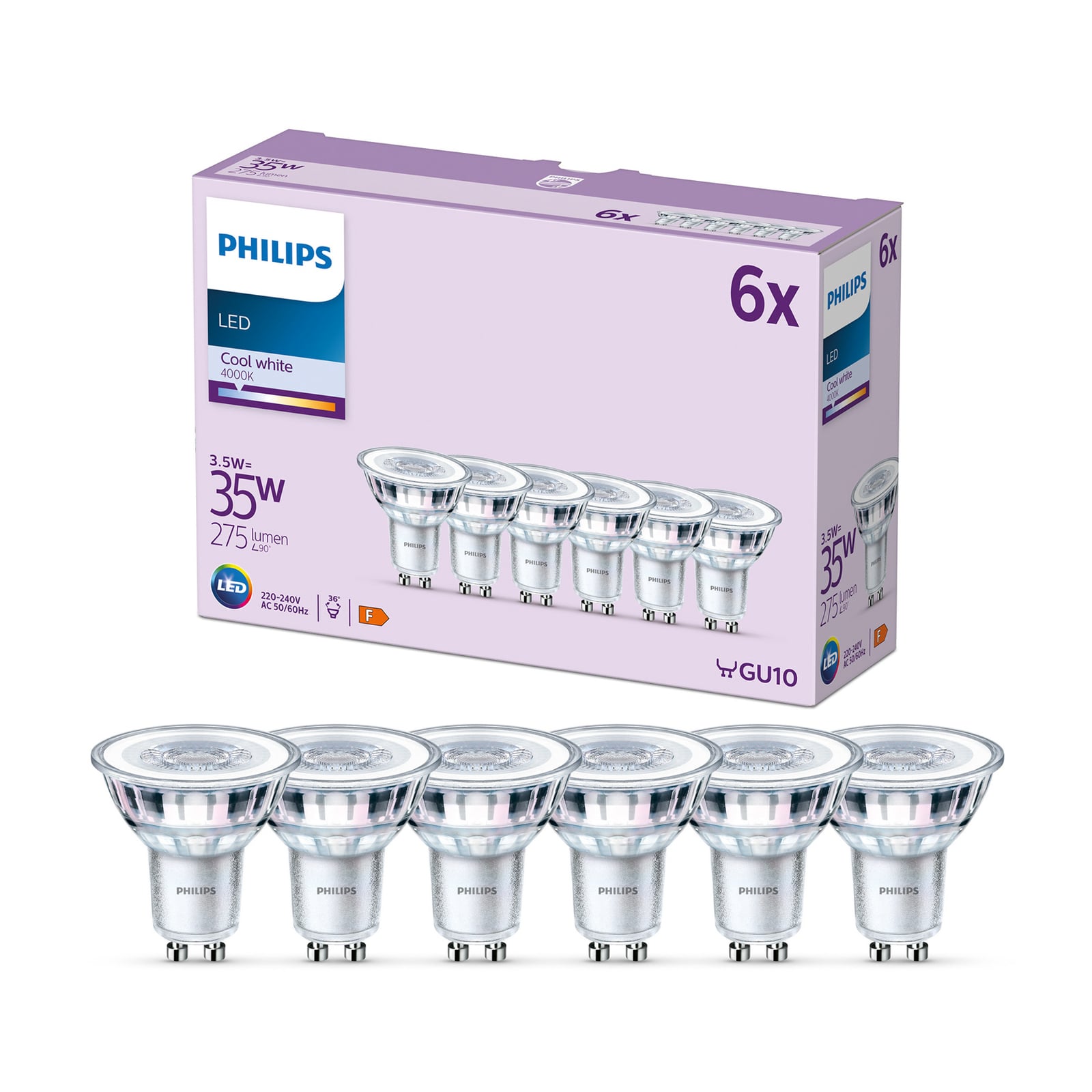 LED reflektorpære GU10 3,5W 4000K 36° klar Philips forfra