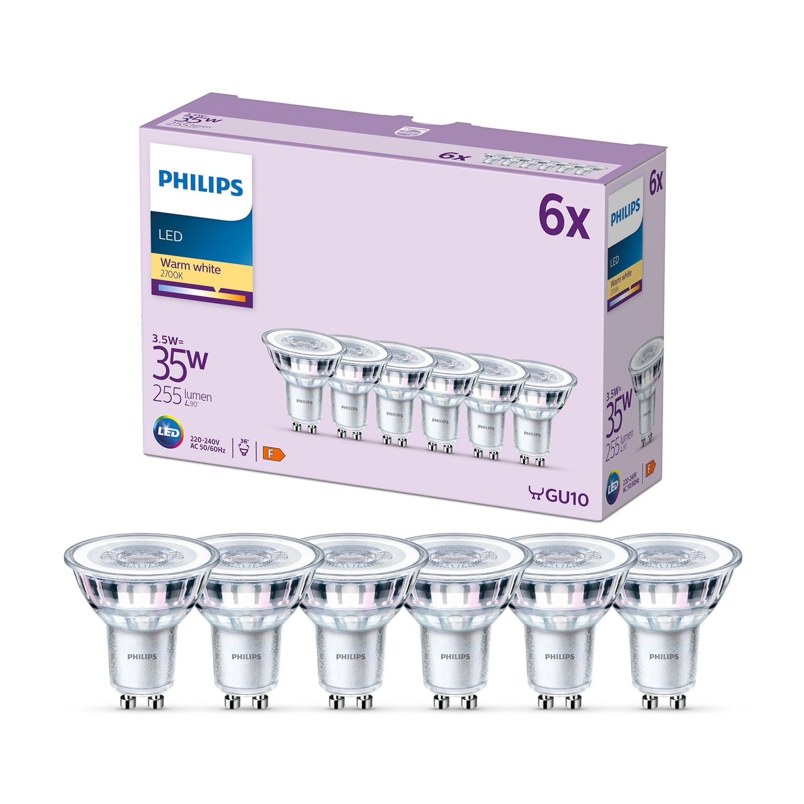 LED-reflektorpære GU10 3,5W 2700K 255lm klar 36° 6-pk - Philips forfra