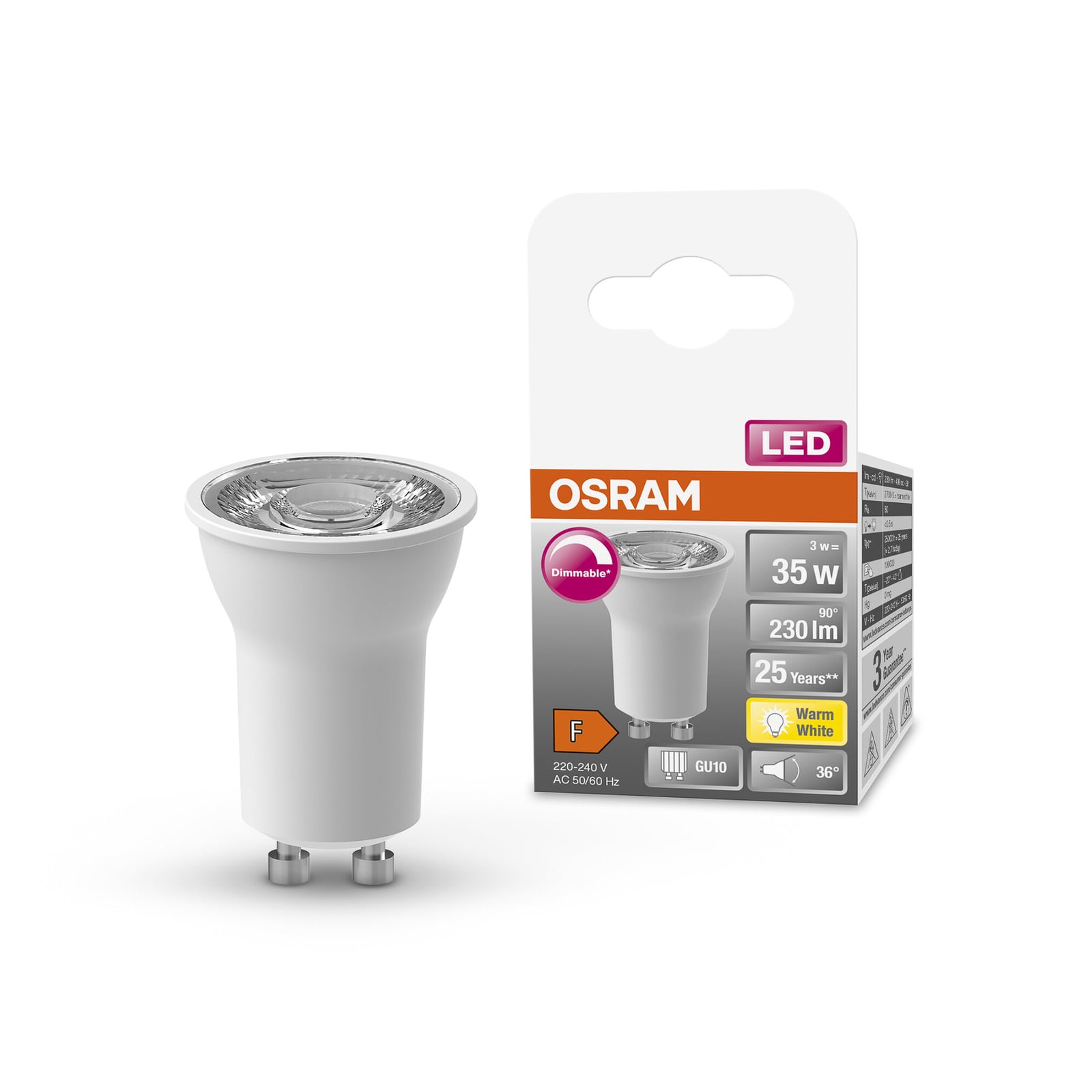 LED-reflektorpære GU10 3W 2700K 36° dimbar klar OSRAM nærbilde