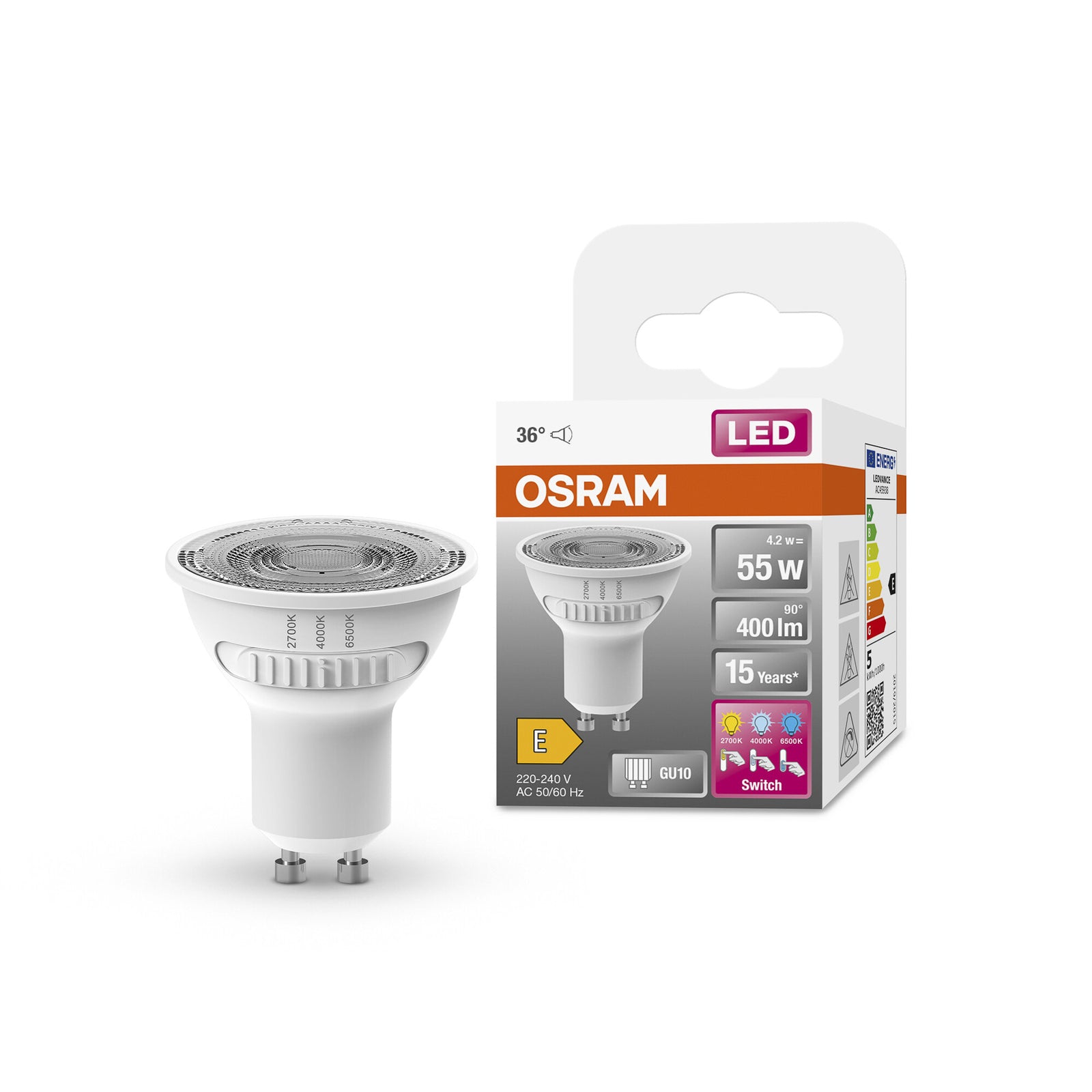 LED-reflektorpære GU10 4,2W CCT 400lm 36° klar OSRAM nærbilde