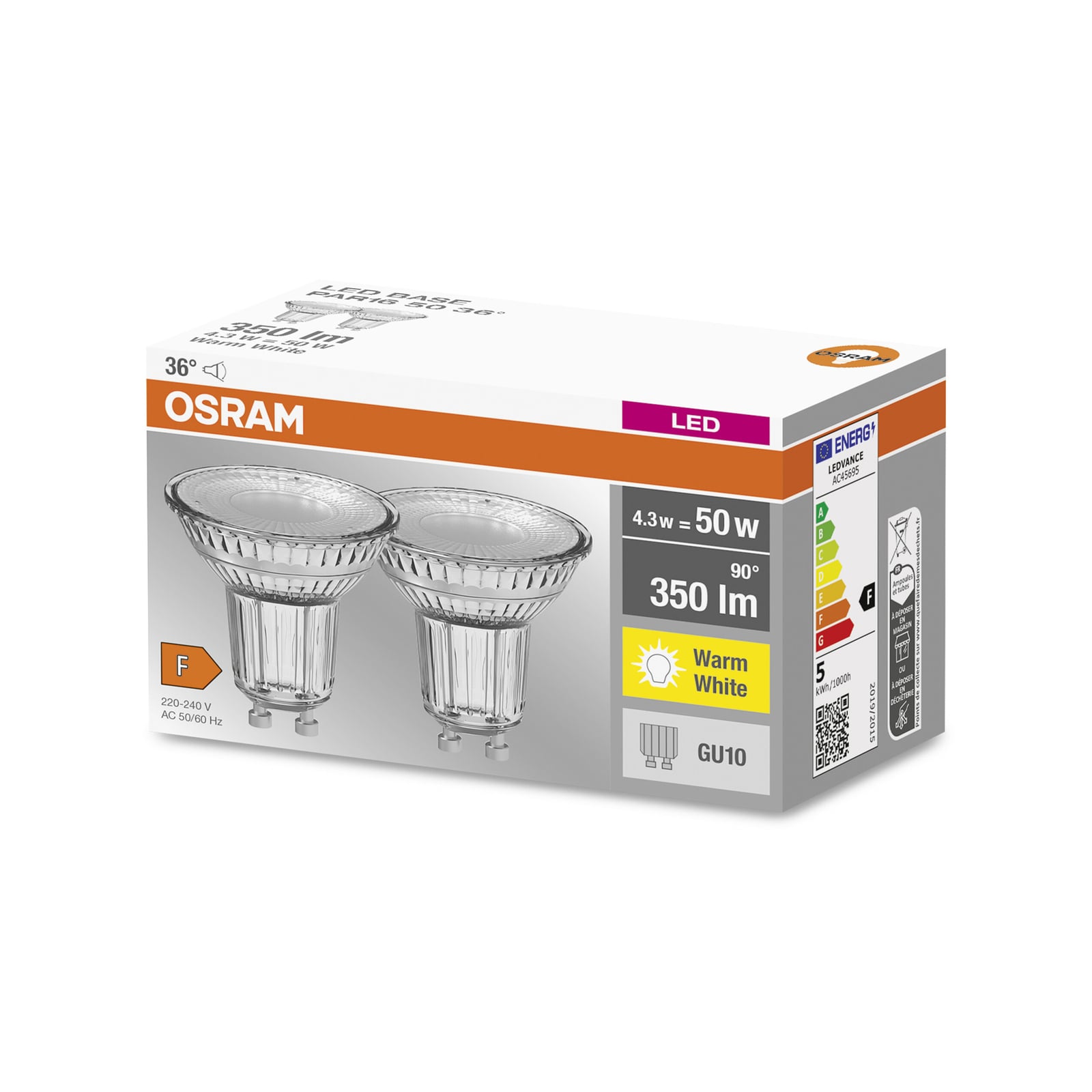 LED reflektorpære GU10 4,3W 2700K 36° klar OSRAM bakside