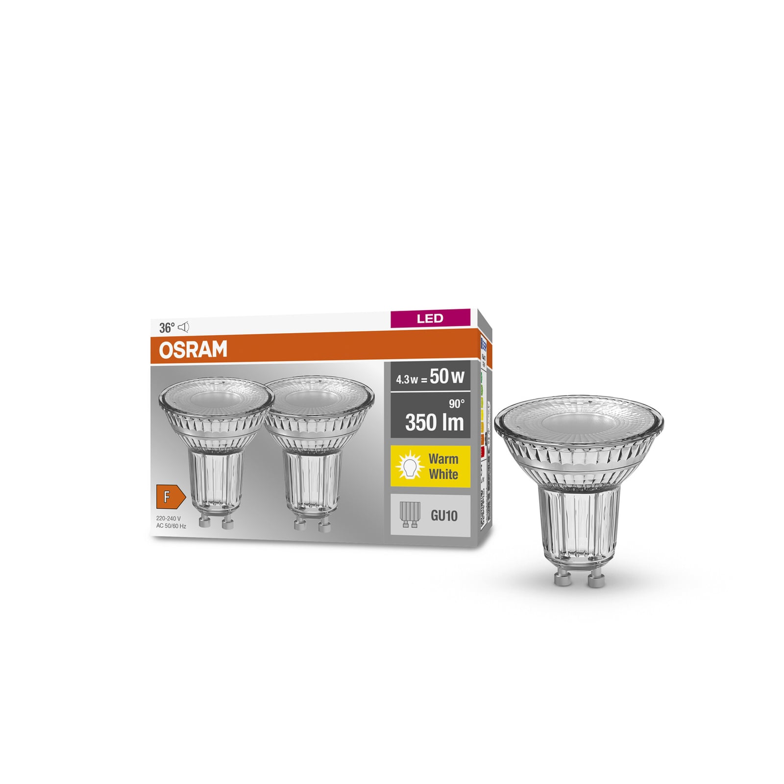 LED reflektorpære GU10 4,3W 2700K 36° klar OSRAM detalj